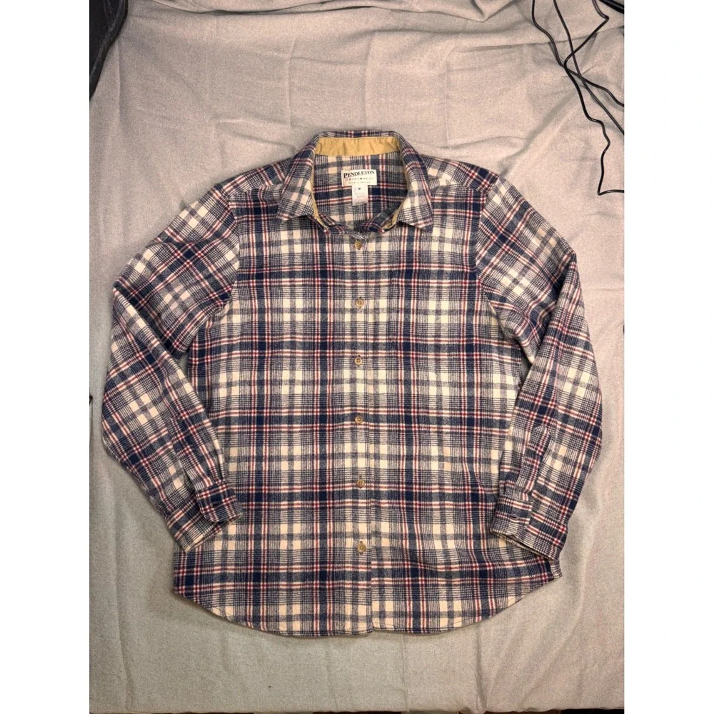 Pendleton Originals Mens Medium Wool Plaid Flannel Shirt Blue Red Cream Vintage